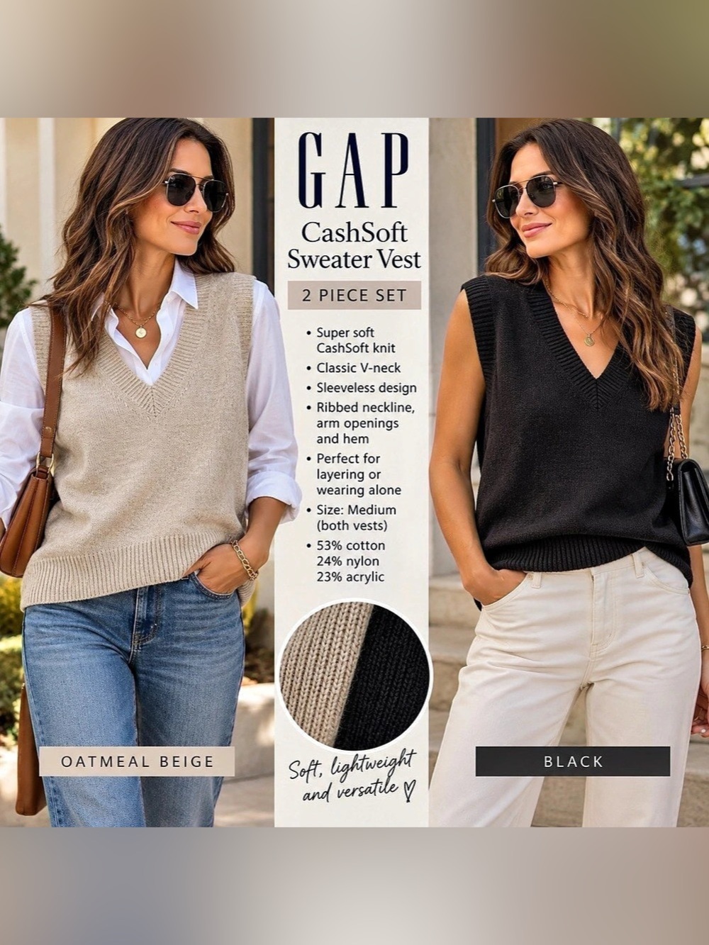 Gap CashSoft Sweater Vest 2 Piece Set V-Neck Sweater Vest Set Black & Beige